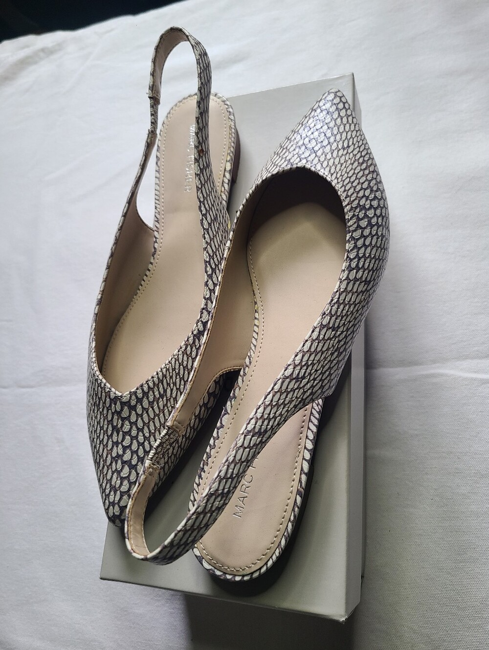 Marc Fisher Neutral Snake-Print Pointed Slingback Flats